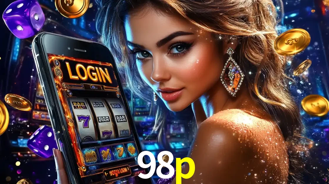 Mulher glamorosa segurando um smartphone com a tela de login para os jogos de caça-níqueis do cassino online 98p, com moedas de ouro e dados ao redor.