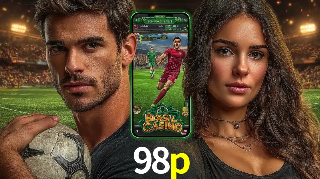 Homem segurando uma bola de futebol e uma mulher ao lado de um smartphone exibindo o jogo de apostas esportivas da 98p. Faça seu palpite no cassino online.